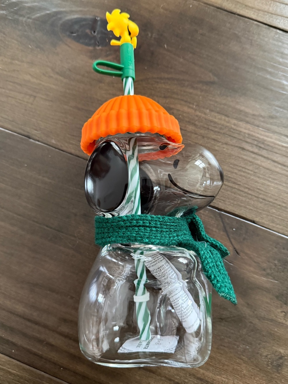 Starbucks Snoopy Glass Cold Cup with Woodstock straw topper